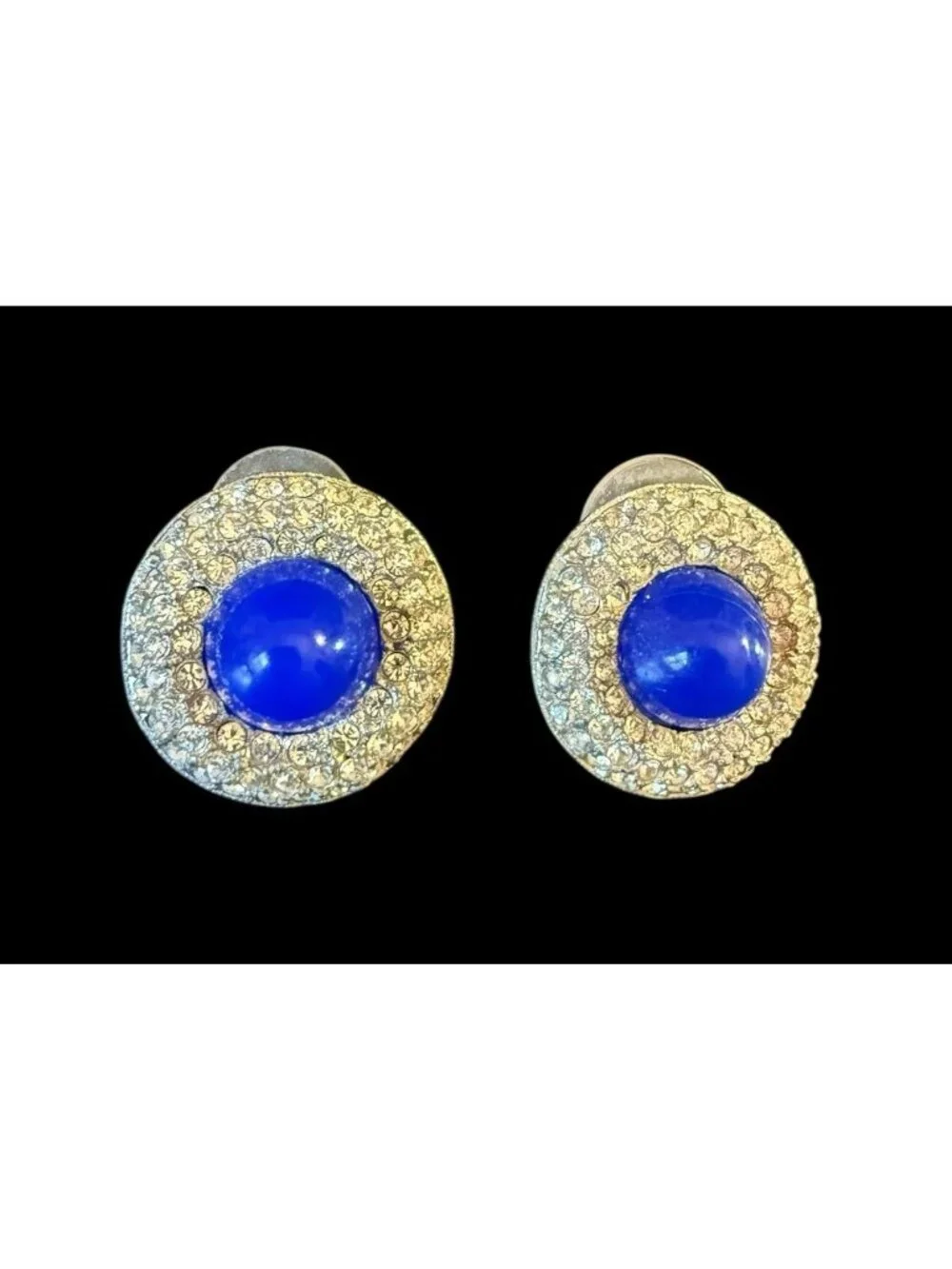 Vintage Kenneth Lane Round Blue Glass Cab Earrings Pave Clear Rhinestone 7/8” - Picture 3 of 7